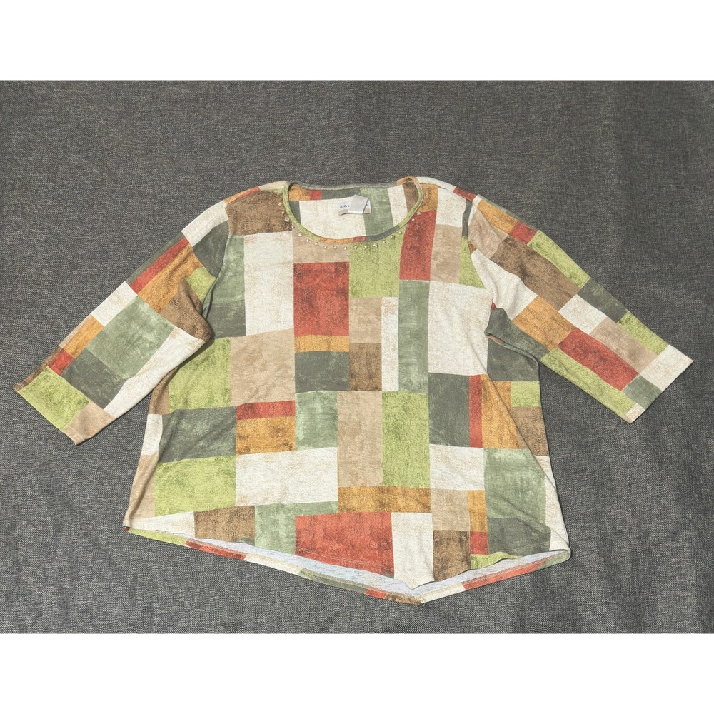 Alfred Dunner Women 2X Top Geometric Patchwork Beaded Neckline 3/4 Sleeve